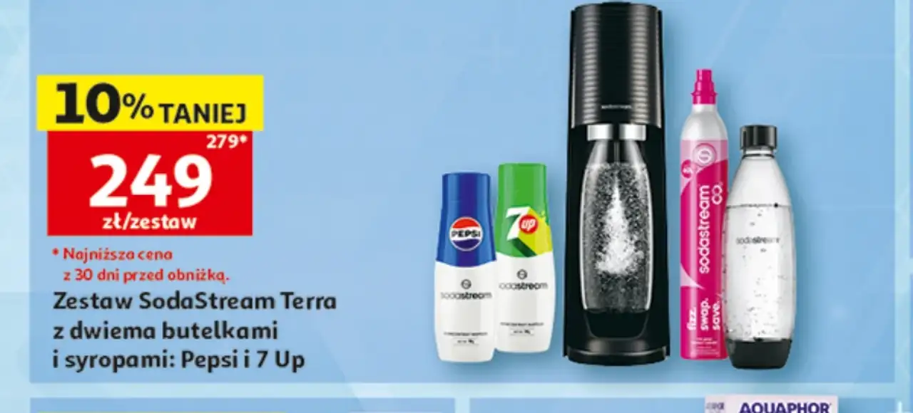 Zestaw SodaStream Terra z dwiema butelkami i syropami: Pepsi i 7 Up