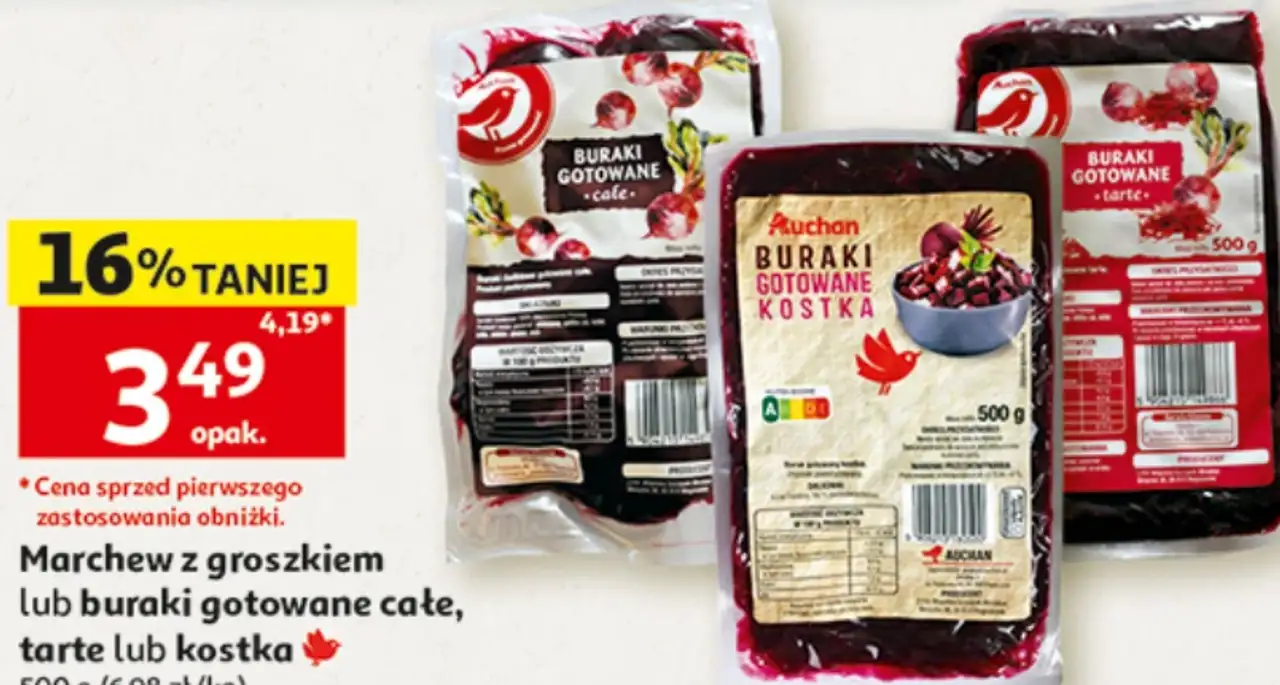 Marchew z groszkiem lub buraki gotowane całe, tarte lub kostka