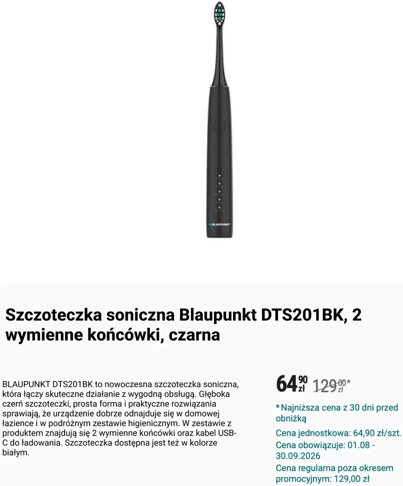 Szczoteczka soniczna Blaupunkt DTS201BK, 2 wymienne końcówki, czarna