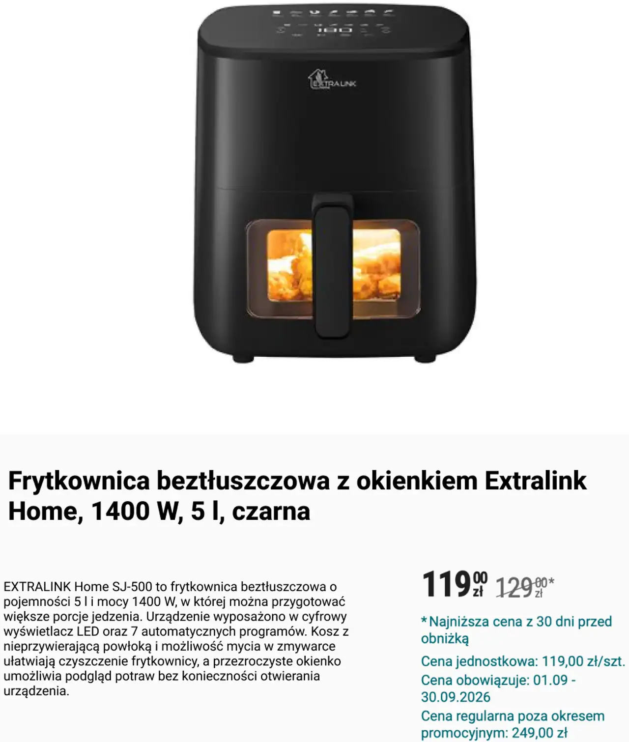 Frytkownica beztłuszczowa z okienkiem Extralink Home, 1400 W, 5 l, czarna