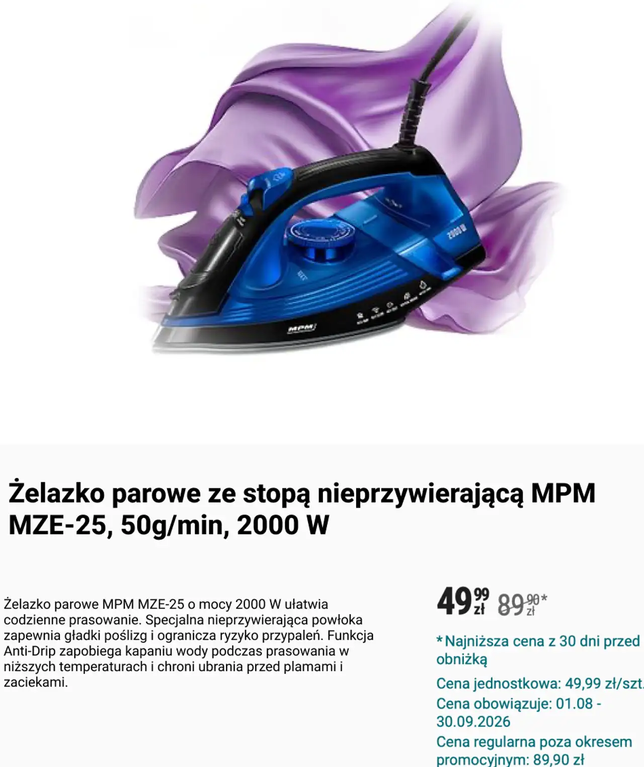 Żelazko parowe ze stopą nieprzywierającą MPM MZE-25, 50g/min, 2000 W