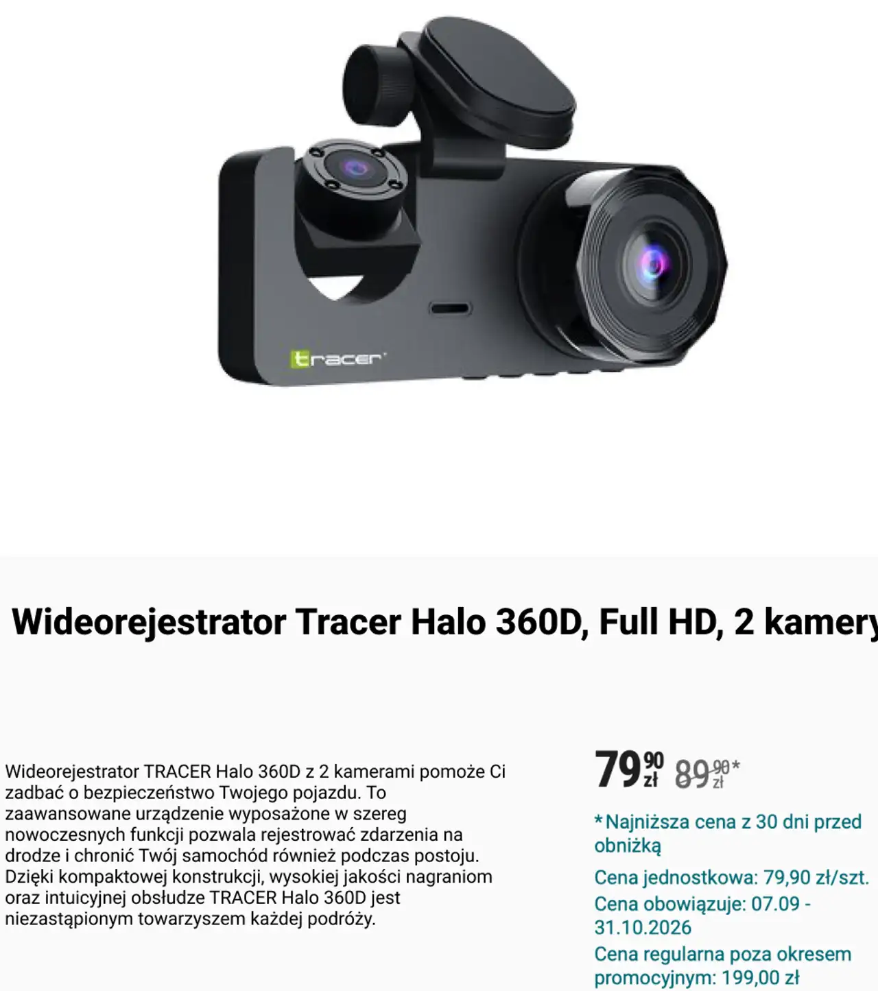 Wideorejestrator Tracer Halo 360D, Full HD, 2 kamery