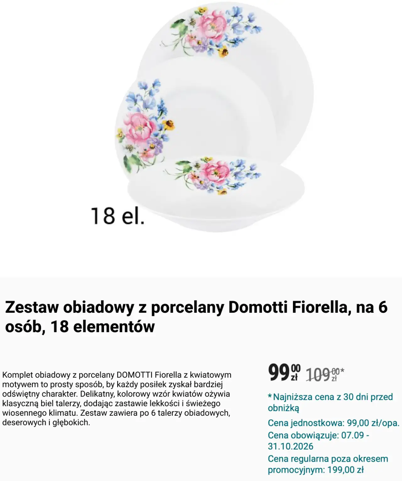 Zestaw obiadowy z porcelany Domotti Fiorella, na 6 osób, 18 elementów