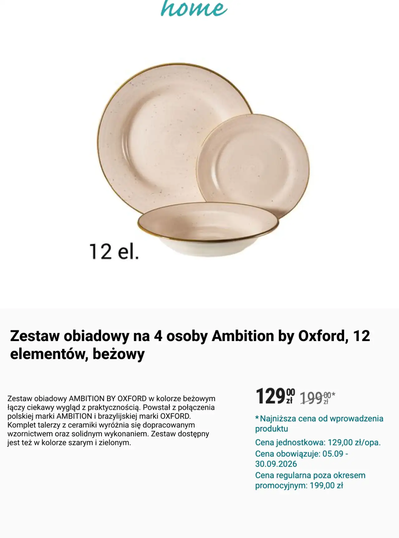 Zestaw obiadowy na 4 osoby Ambition by Oxford, 12 elementów, beżowy