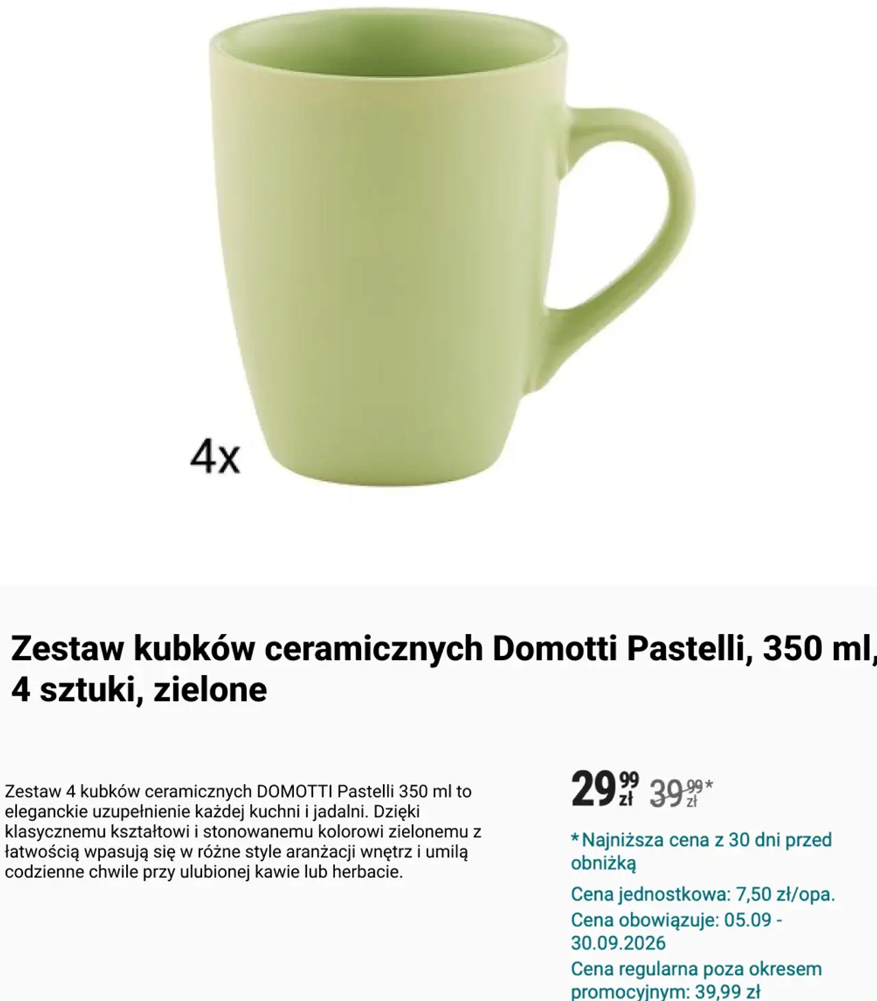 Zestaw kubków ceramicznych Domotti Pastelli, 350 ml, 4 sztuki, zielone