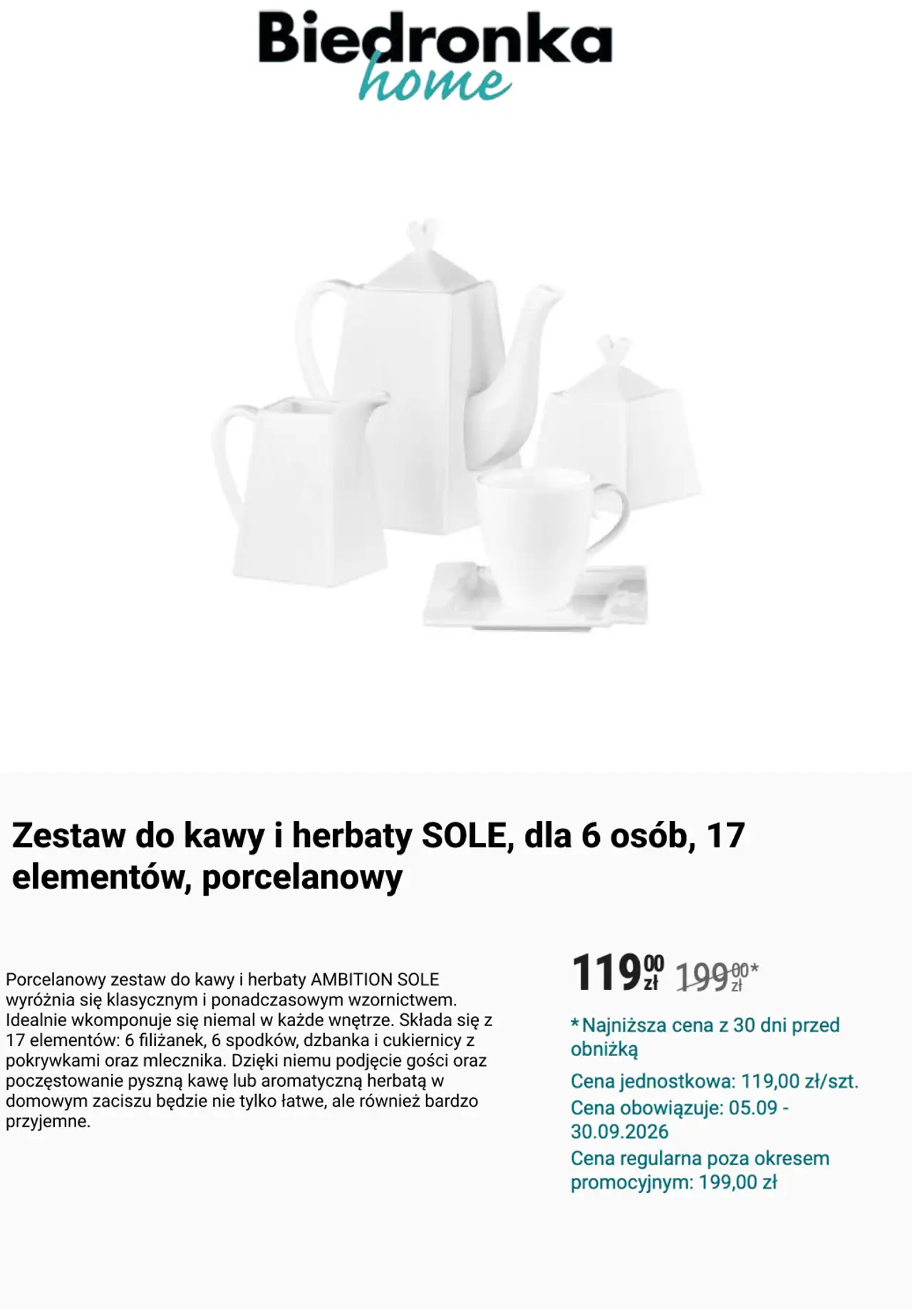 Porcelanowy zestaw do kawy i herbaty AMBITION SOLE, dla 6 osób, 17 elementów