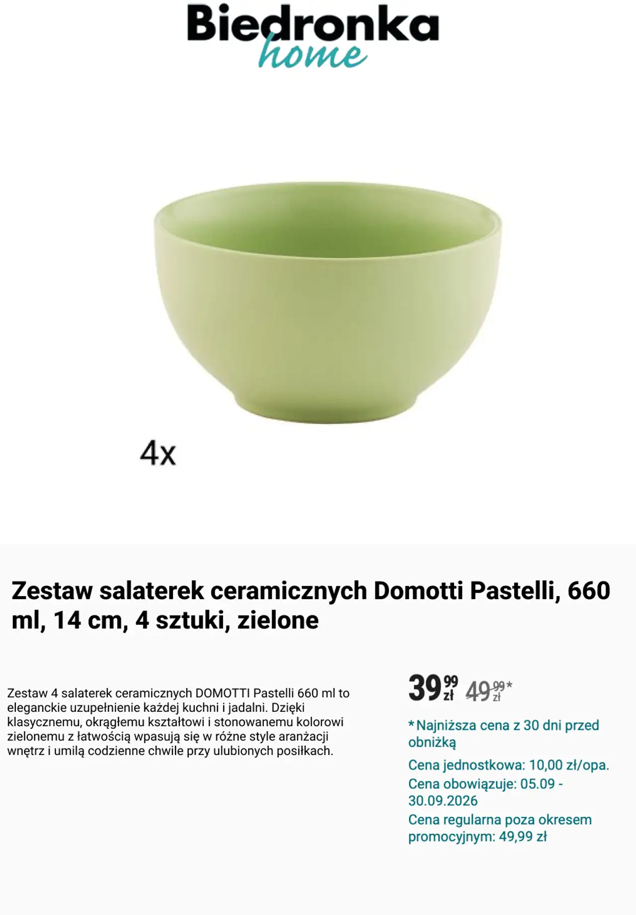 Zestaw salaterek ceramicznych Domotti Pastelli, 660 ml, 14 cm, 4 sztuki, zielone