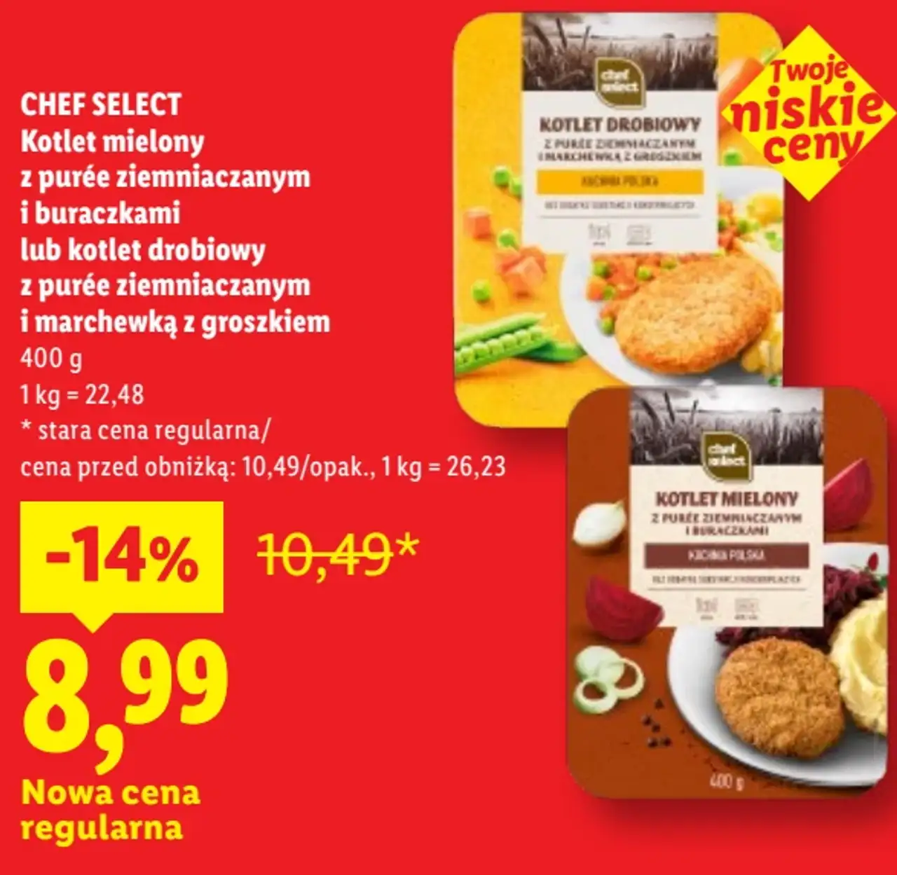 CHEF SELECT Kotlet mielony z purée ziemniaczanym i buraczkami lub kotlet drobiowy z purée ziemniaczanym i marchewką z groszkiem