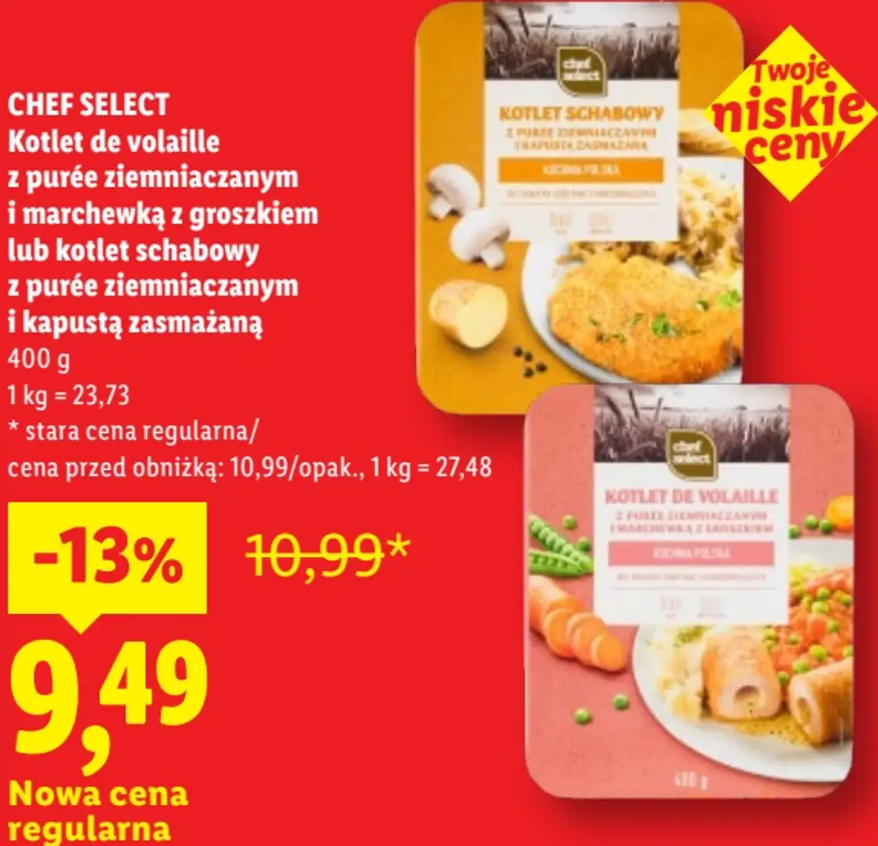 CHEF SELECT Kotlet de volaille z purée ziemniaczanym i marchewką z groszkiem lub kotlet schabowy z purée ziemniaczanym i kapustą zasmażaną