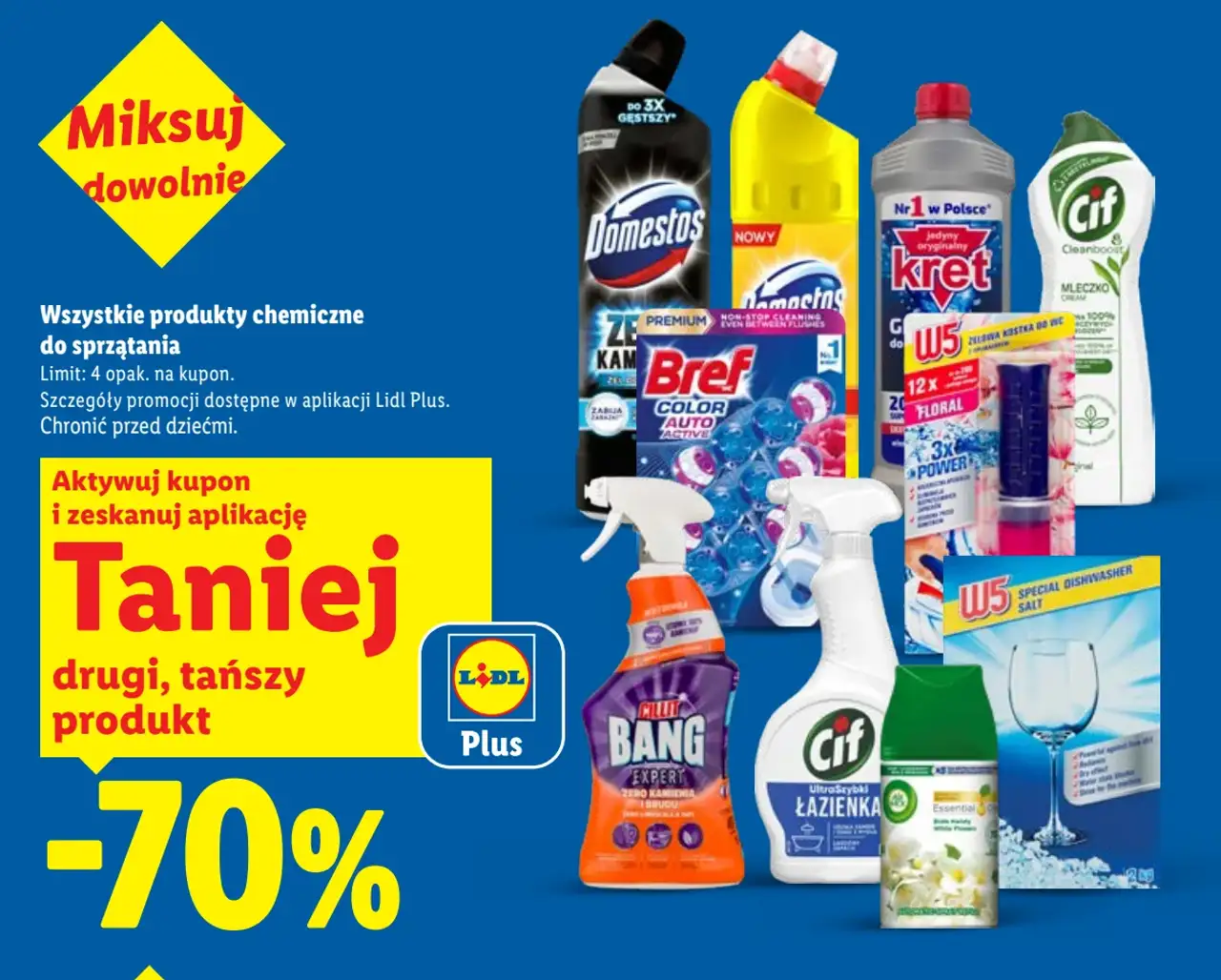 Wszystkie produkty chemiczne do sprzątania (Domestos, Kret, CIF, Bref, W5, Cilit Bang)
