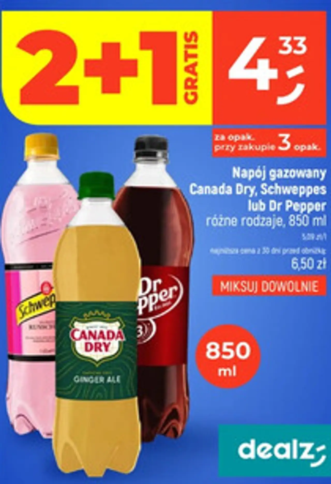 Napój gazowany Canada Dry, Schweppes lub Dr Pepper różne rodzaje, 850 ml