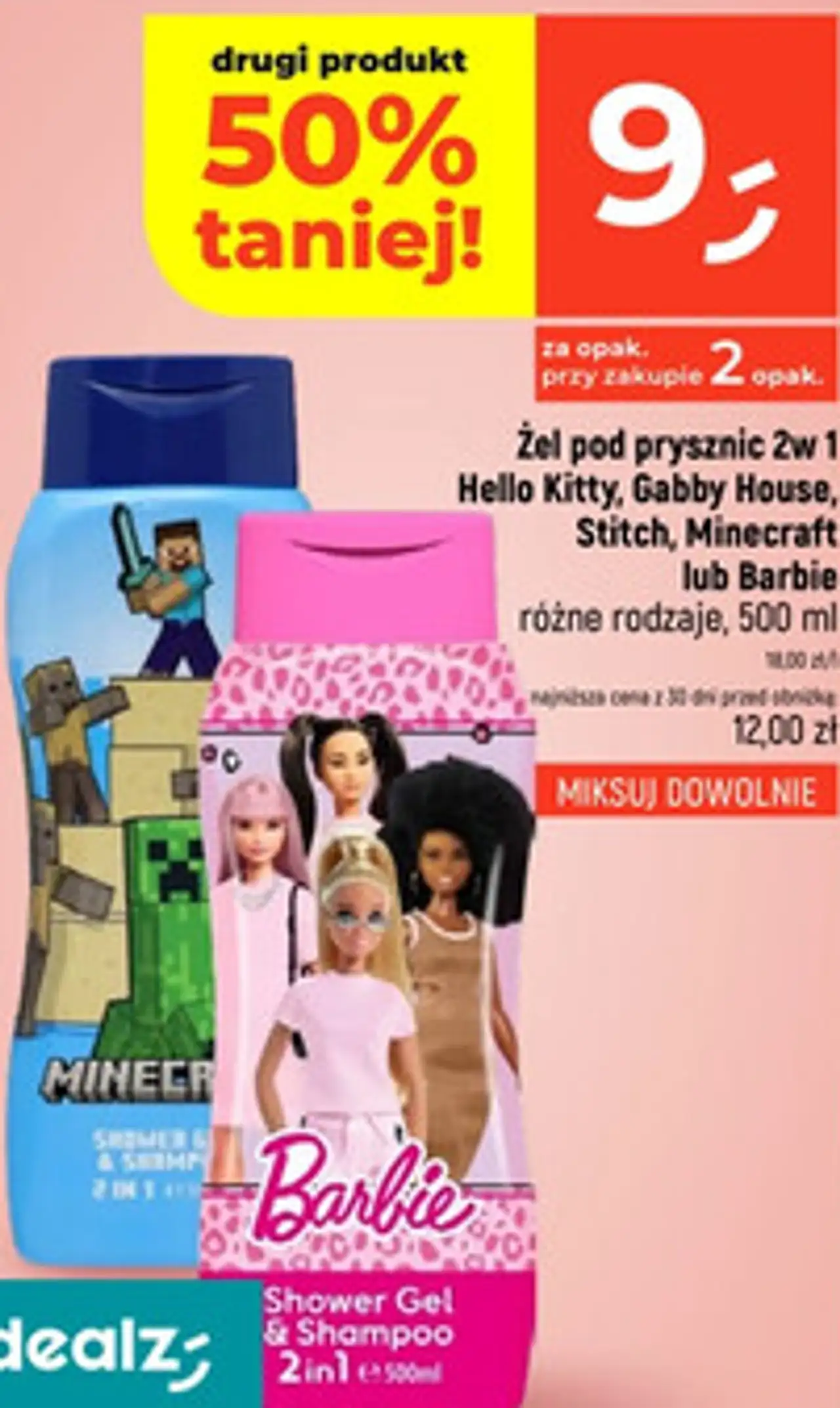 Żel pod prysznic 2w1 Hello Kitty, Gabby House, Stitch, Minecraft lub Barbie