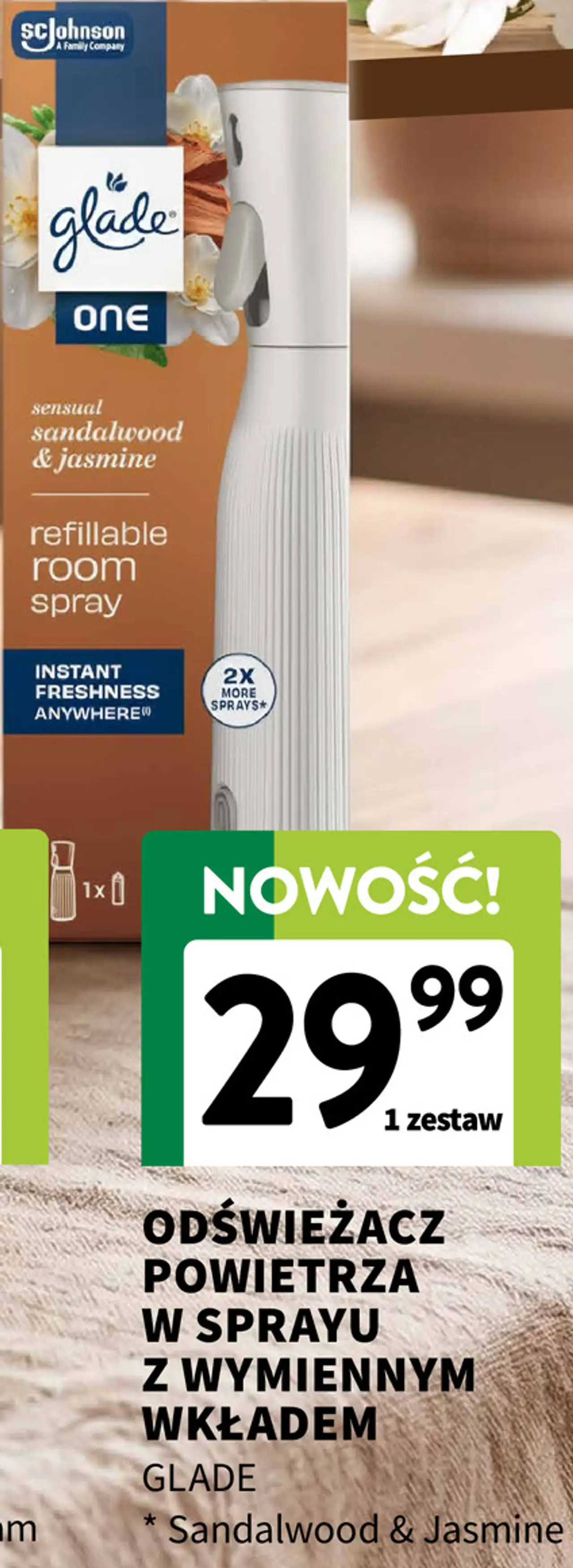 Odświeżacz powietrza w sprayu z wymiennym wkładem Glade Sandalwood & Jasmine
