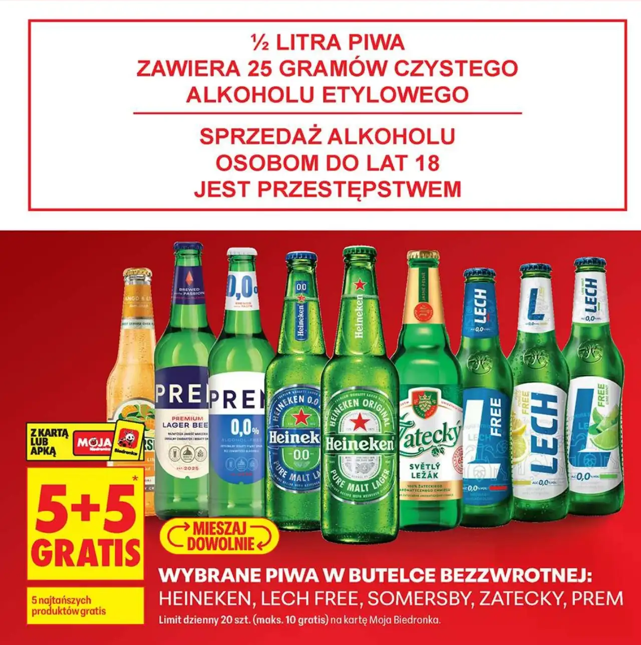 Wybrane piwa w butelce bezzwrotnej: Heineken, Lech Free, Somersby, Zatecky, Prem