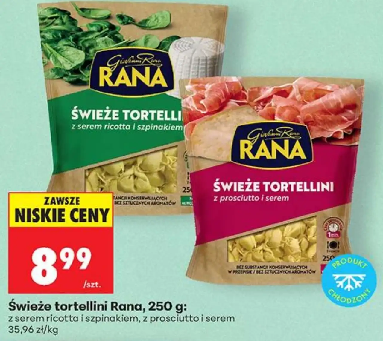 Świeże tortellini Rana z serem ricotta i szpinakiem, z prosciutto i serem
