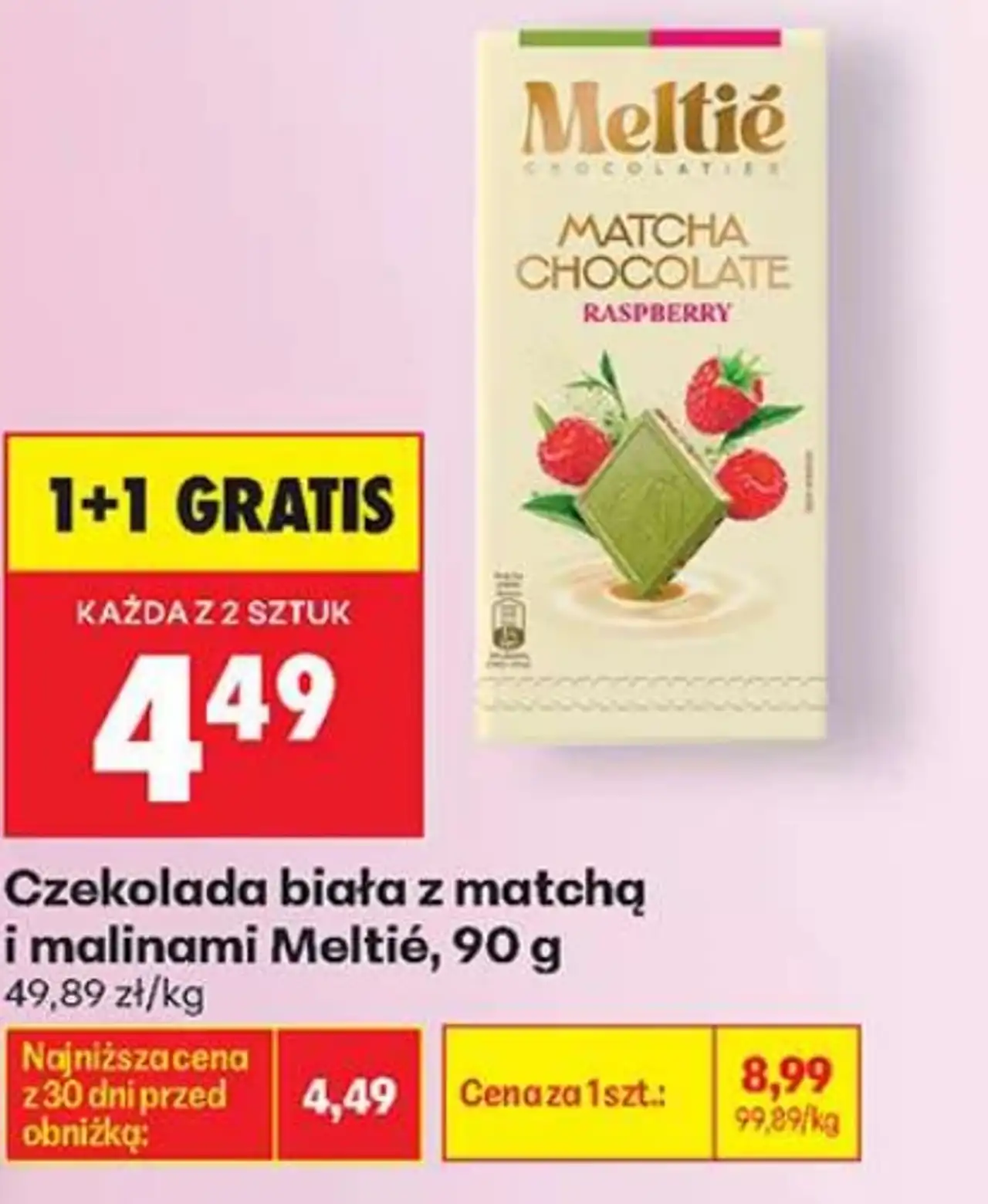 Czekolada biała z matchą i malinami Meltié