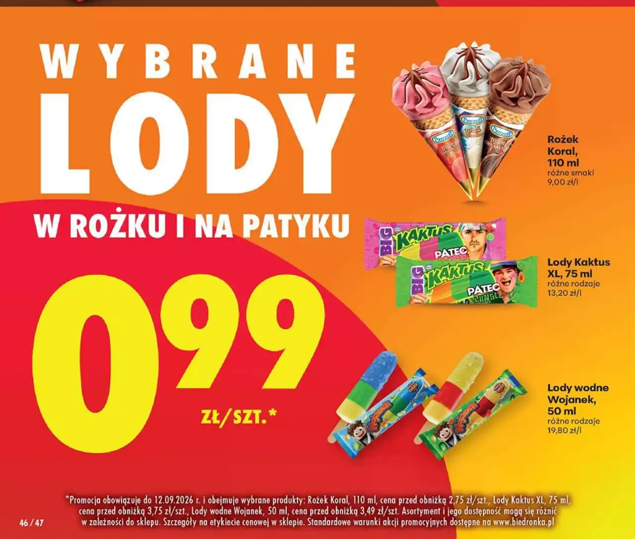 Wybrane lody w rożku i na patyku (Koral, Kaktus XL, Wojanek)