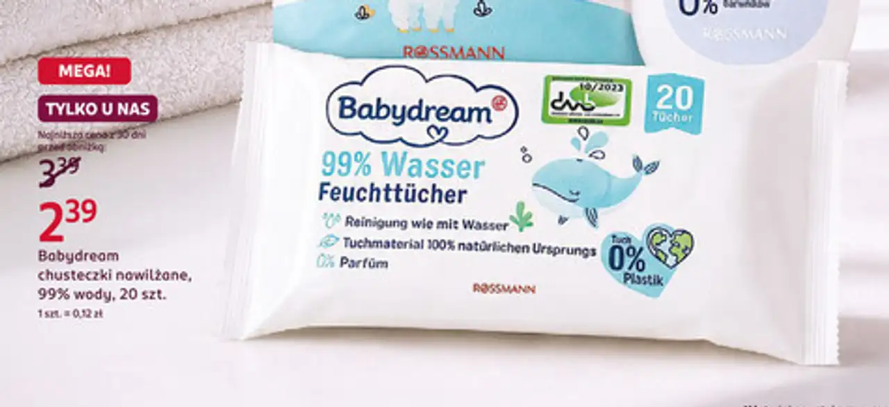 Babydream chusteczki nawilżane, 99% wody, 20 szt.