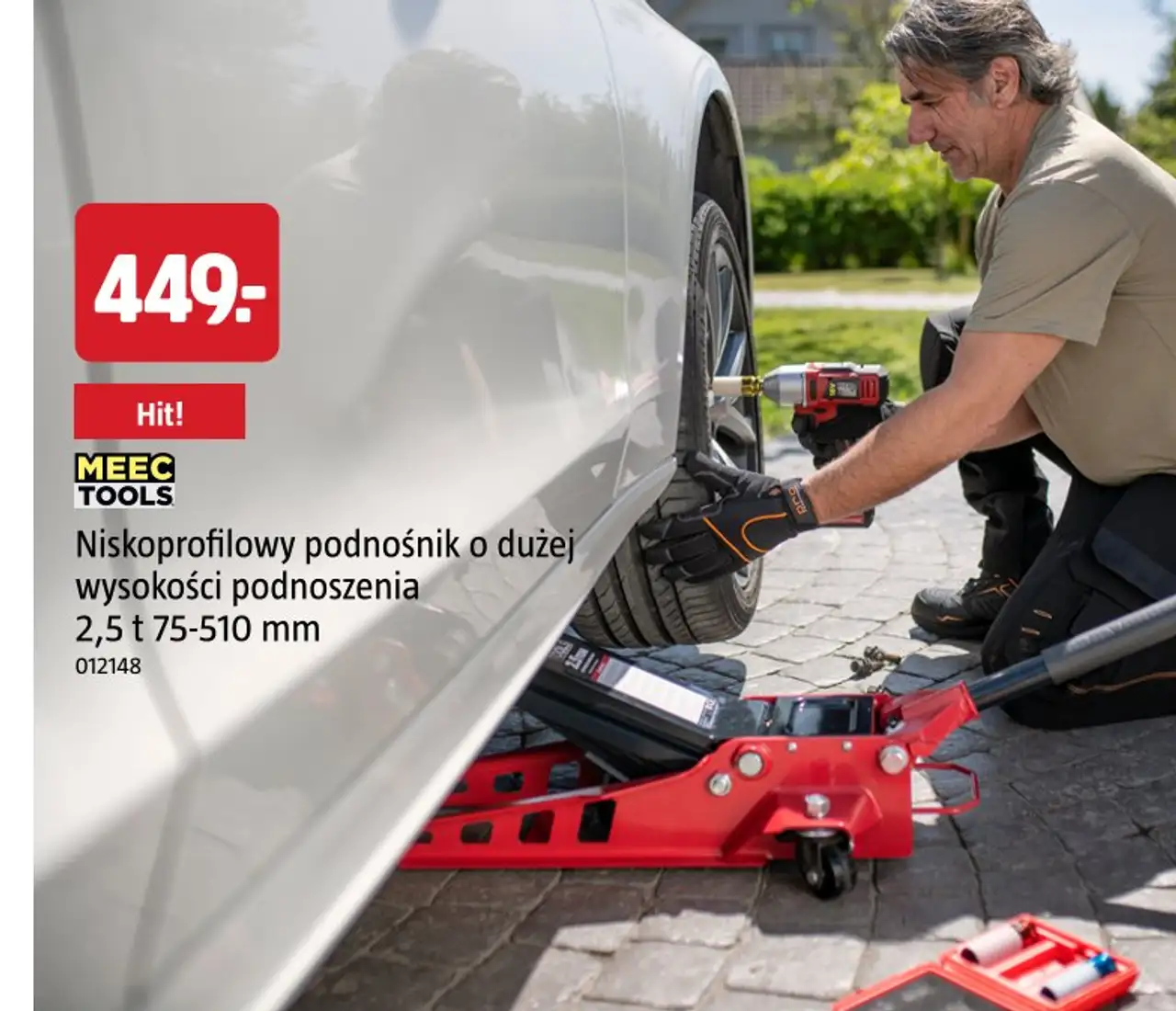 Niskoprofilowy podnośnik o dużej wysokości podnoszenia Meec Tools 2,5 t 75-510 mm