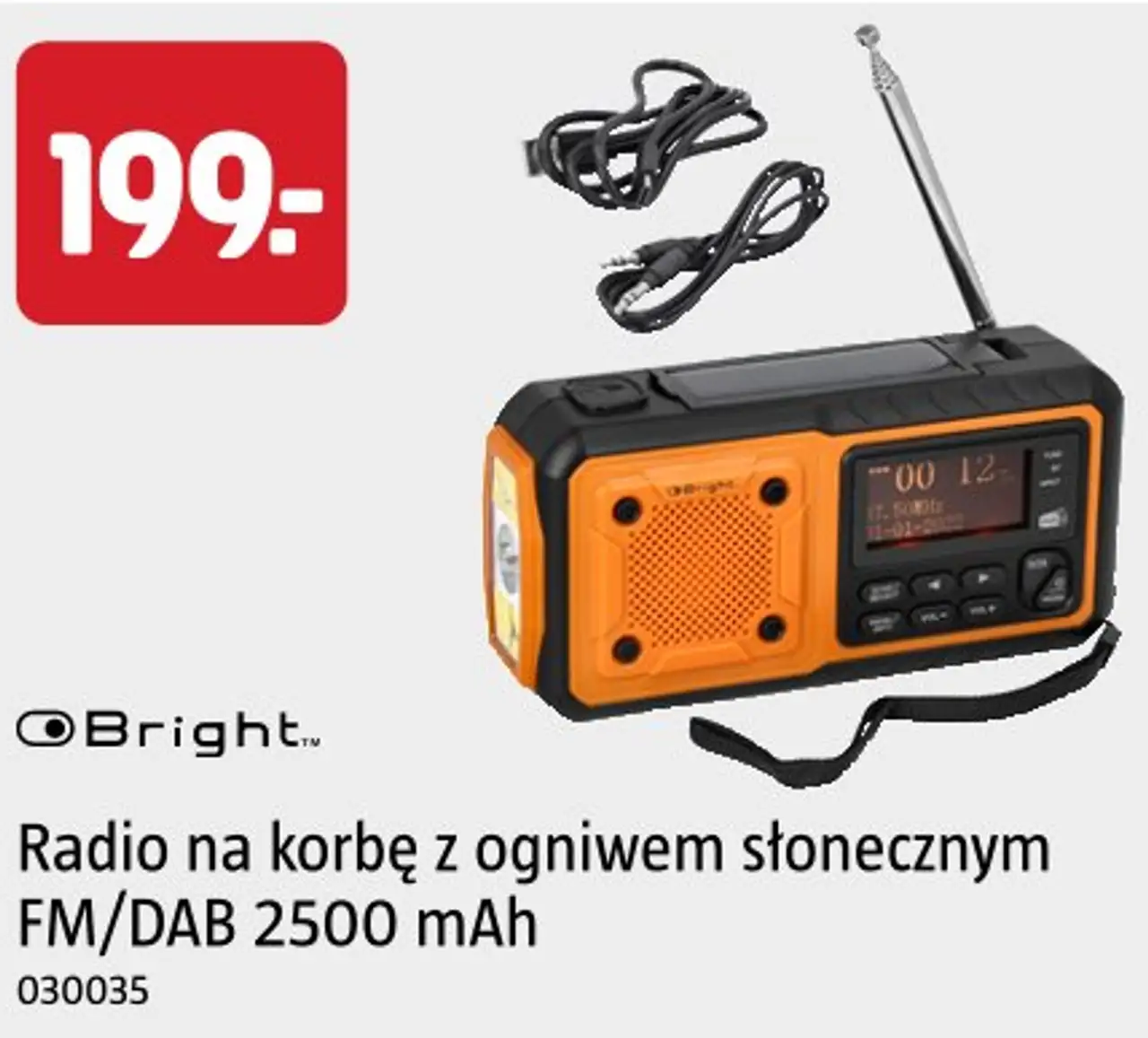 Radio na korbę z ogniwem słonecznym FM/DAB 2500 mAh Bright