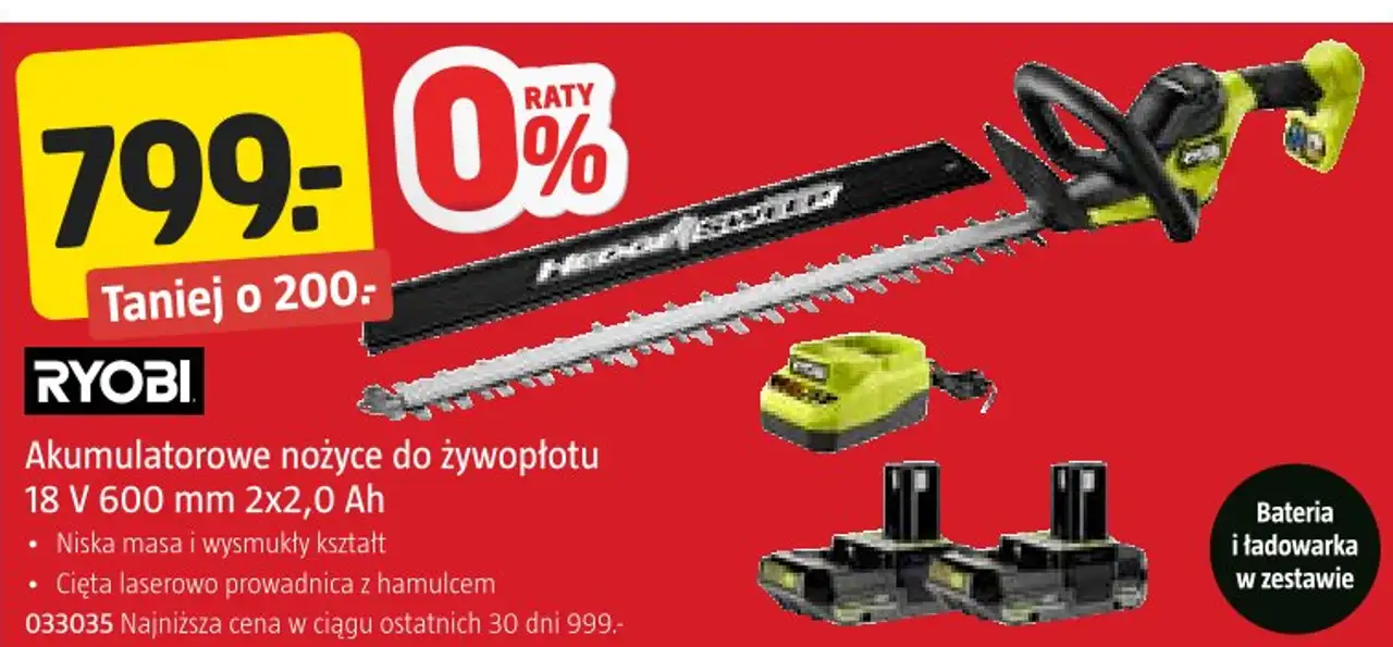 Akumulatorowe nożyce do żywopłotu Ryobi 18 V 600 mm 2x2,0 Ah