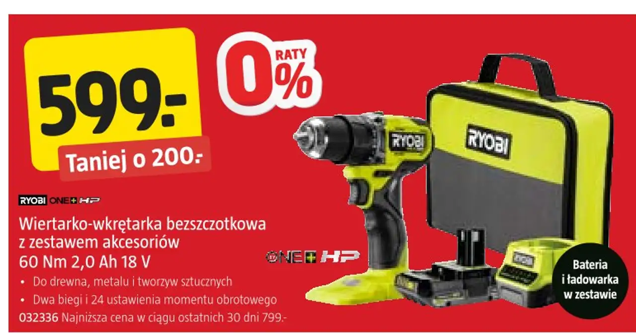 Wiertarko-wkrętarka bezszczotkowa z zestawem akcesoriów Ryobi ONE+ HP 60 Nm 2,0 Ah 18 V