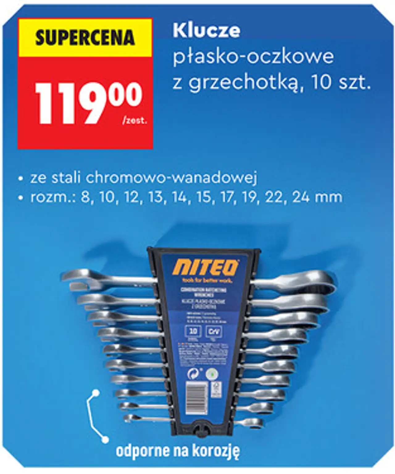 Niteo Klucze płasko-oczkowe z grzechotką, 10 szt.