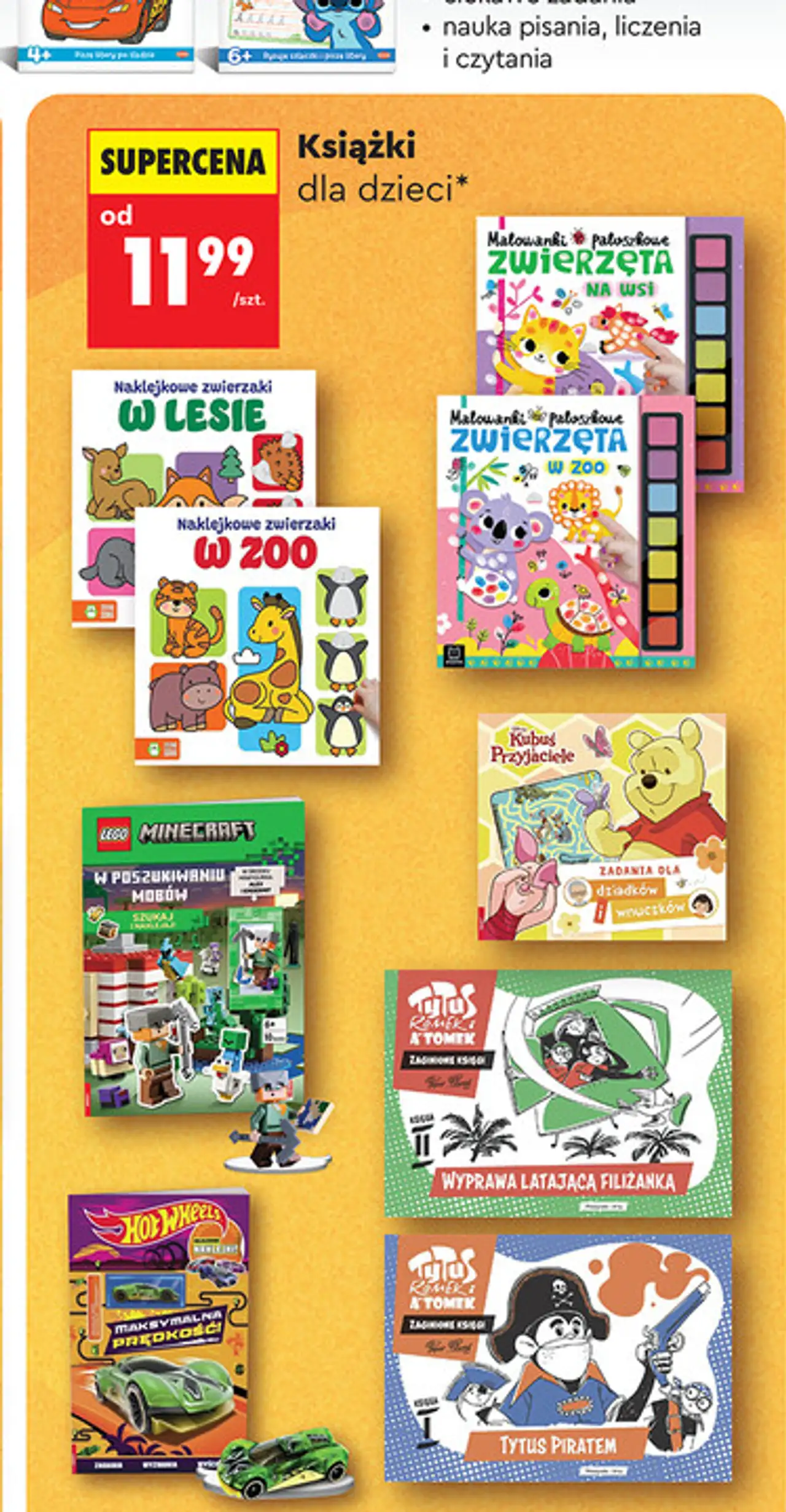 Książki dla dzieci (m.in. Malowanki paluszkowe Zwierzęta, Naklejkowe zwierzaki, Lego, Tytus Romek i A'Tomek)