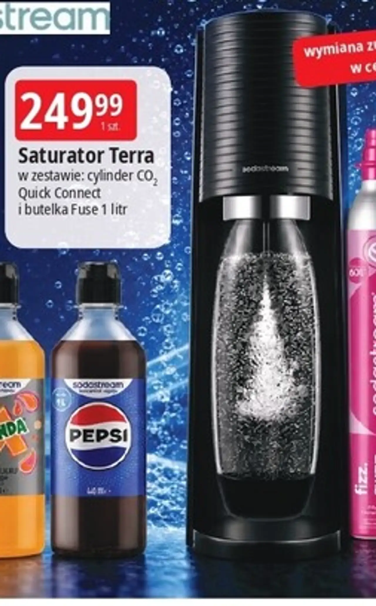 Saturator Terra Sodastream w zestawie: cylinder CO2 Quick Connect i butelka Fuse 1 litr