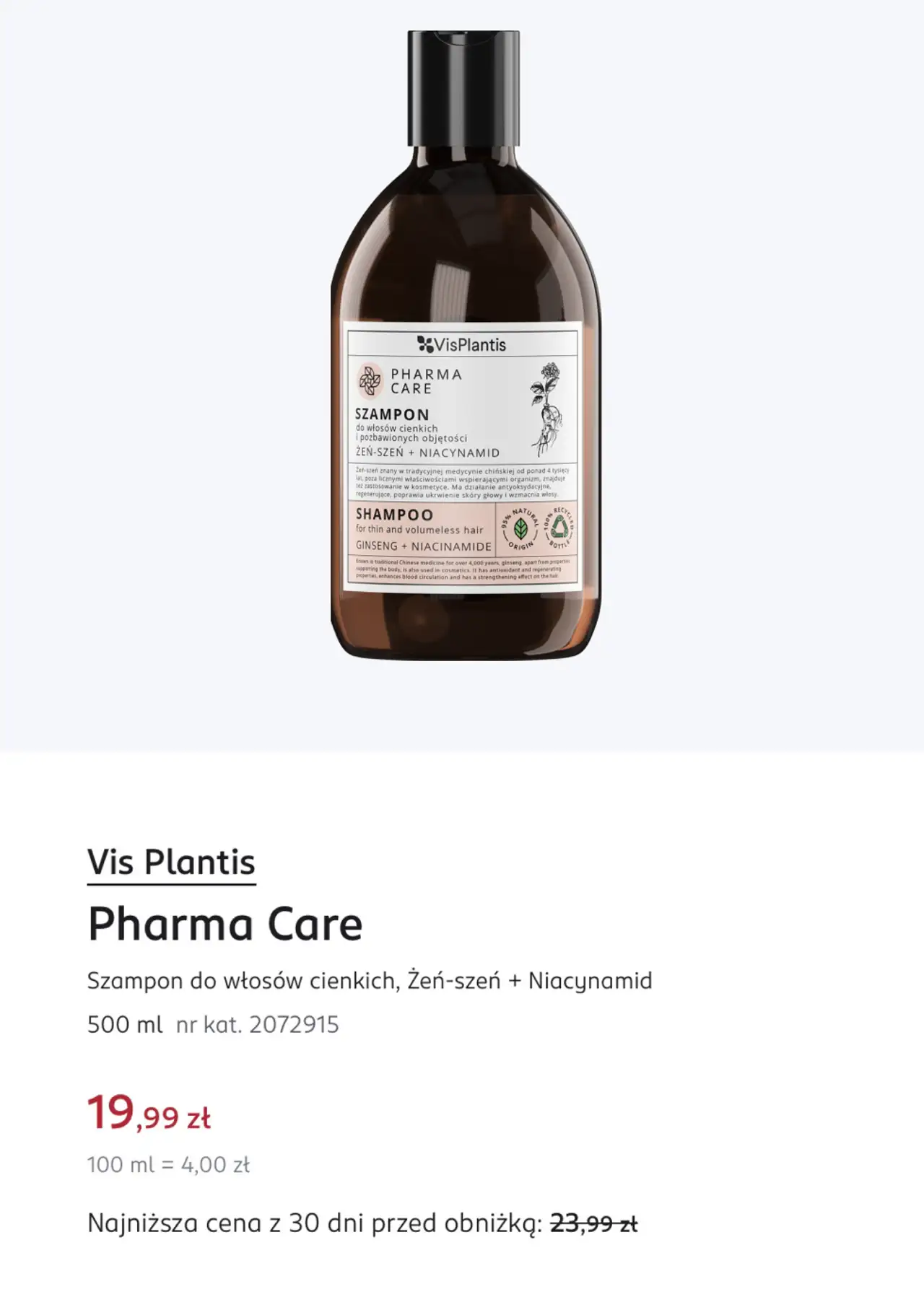 Vis Plantis Pharma Care Szampon do włosów cienkich, Żeń-szeń + Niacynamid