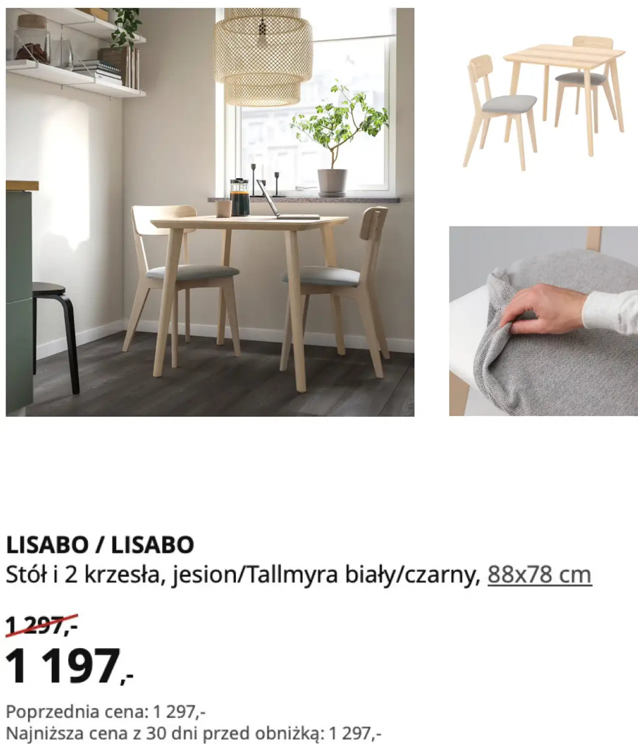 IKEA LISABO / LISABO Stół i 2 krzesła, jesion/Tallmyra biały/czarny, 88x78 cm