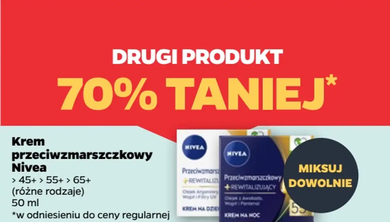 Krem przeciwzmarszczkowy Nivea różne rodzaje drugi produkt 70% taniej