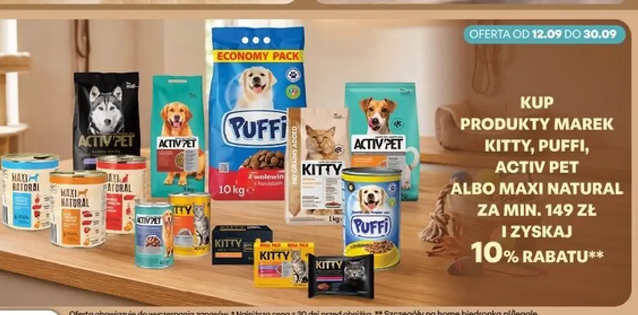 Kup produkty marek Kitty, Puffi, Activ Pet albo Maxi Natural za min. 149 zł i zyskaj 10% rabatu