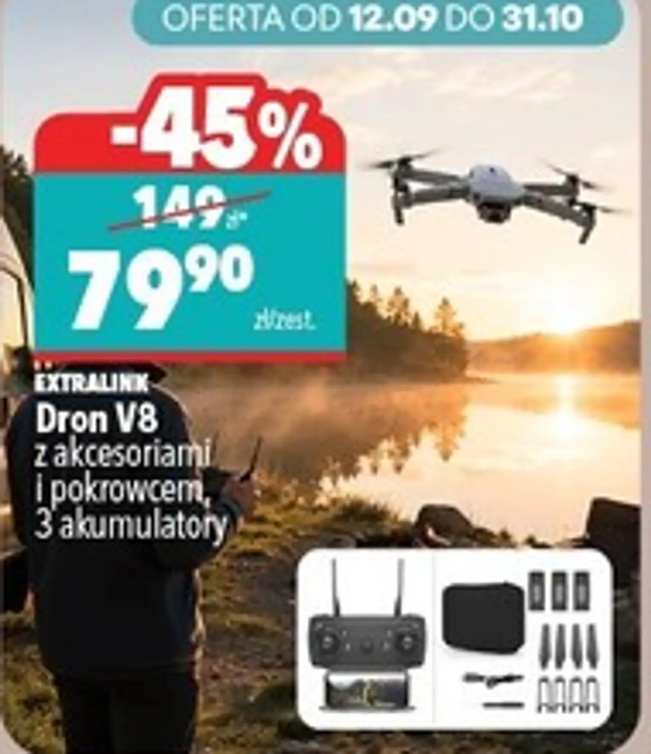 Extralink Dron V8 z akcesoriami i pokrowcem, 3 akumulatory