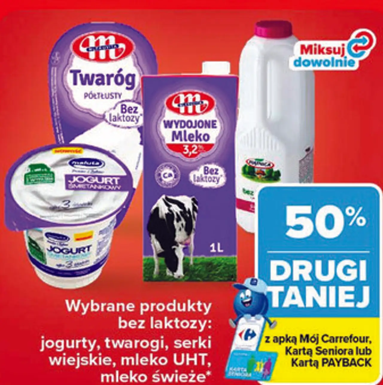 Wybrane produkty bez laktozy (jogurty, twarogi, serki wiejskie, mleko UHT, mleko świeże)