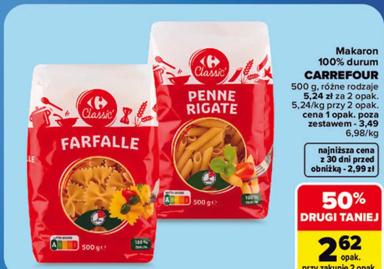 Makaron 100% durum CARREFOUR Penne Rigate, Farfalle