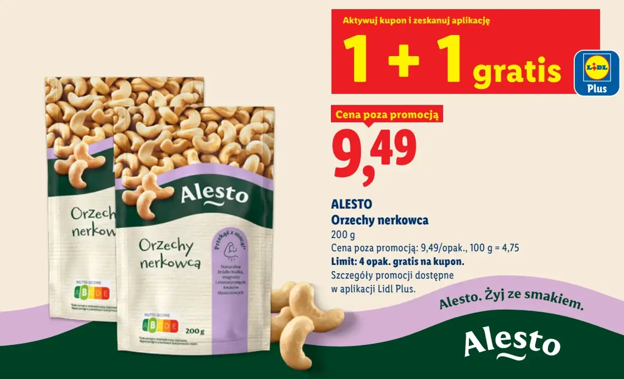 ALESTO Orzechy nerkowca 1+1 gratis z aplikacją Lidl Plus