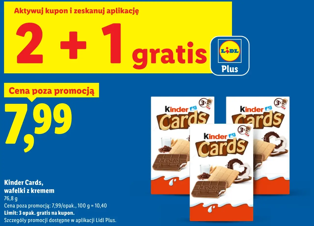 Kinder Cards, wafelki z kremem 2+1 z aplikacją Lidl Plus