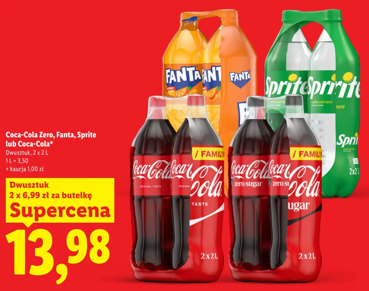 Coca-Cola Zero, Fanta, Sprite lub Coca-Cola Dwusztuk, 2 x 2 L