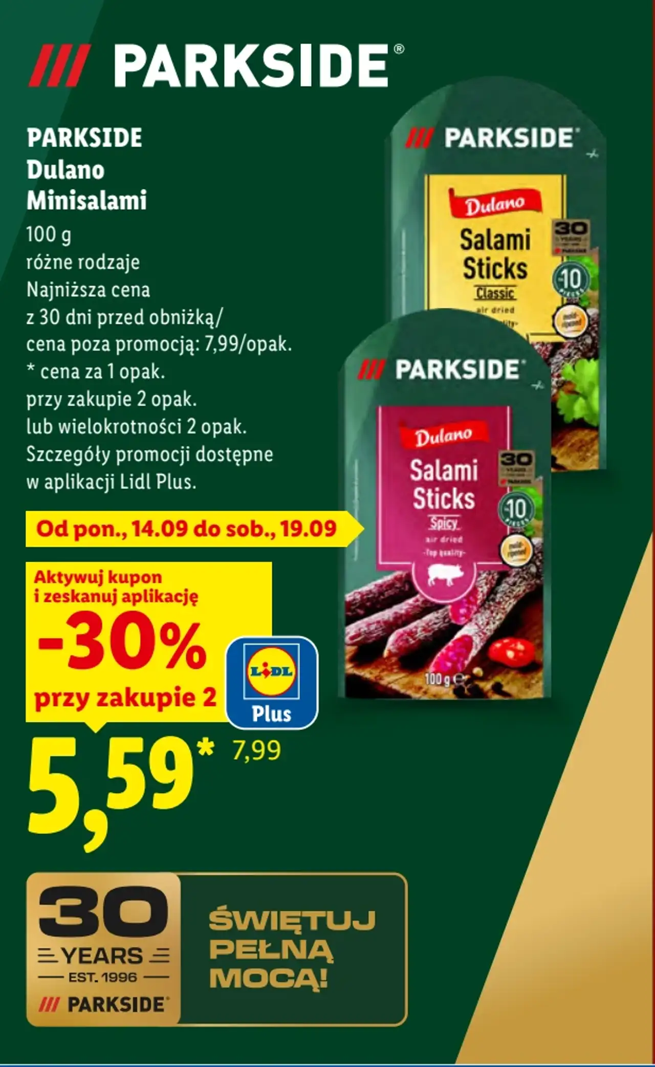 Parkside Dulano Minisalami Salami Sticks -30% przy zakupie 2 z aplikacją Lidl Plusj
