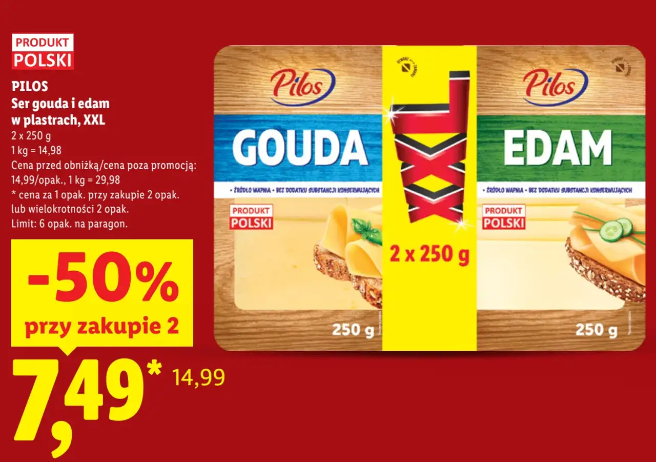Pilos Ser gouda i edam w plastrach, XXL -50& przy zakupie dwóch