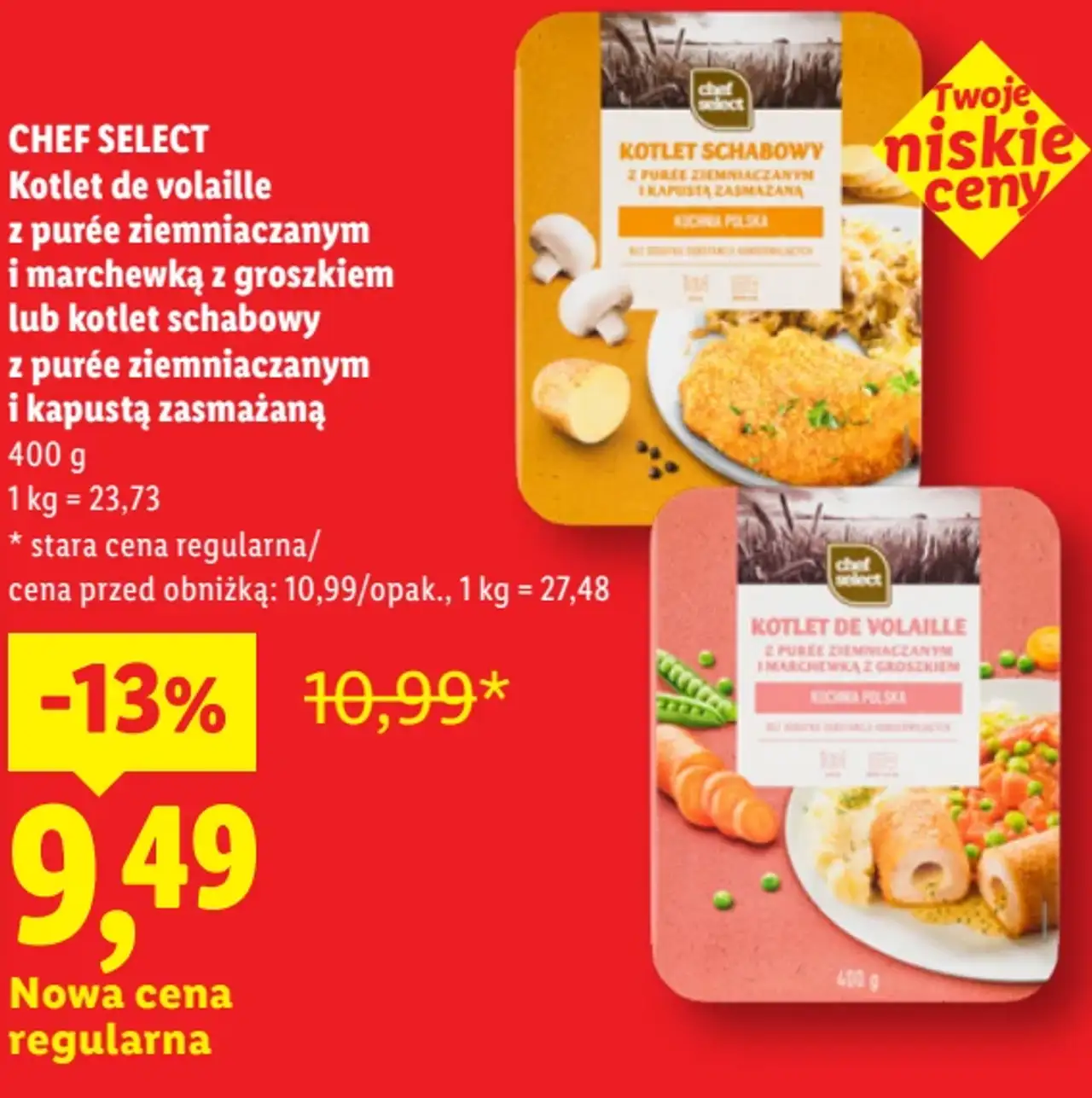 CHEF SELECT Kotlet de volaille z purée ziemniaczanym i marchewką z groszkiem lub kotlet schabowy z purée ziemniaczanym i kapustą zasmażaną