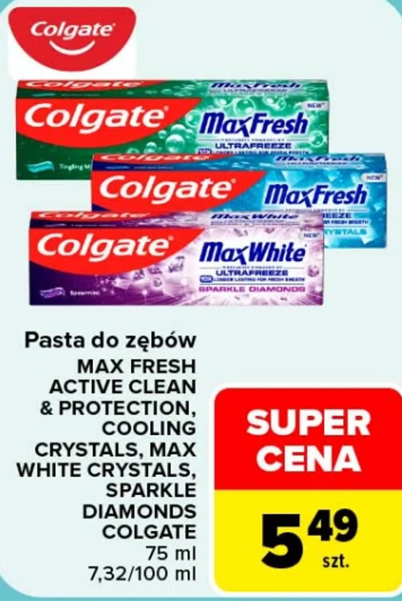 Pasta do zębów MAX FRESH ACTIVE CLEAN & PROTECTION, COOLING CRYSTALS, MAX WHITE CRYSTALS, SPARKLE DIAMONDS COLGATE