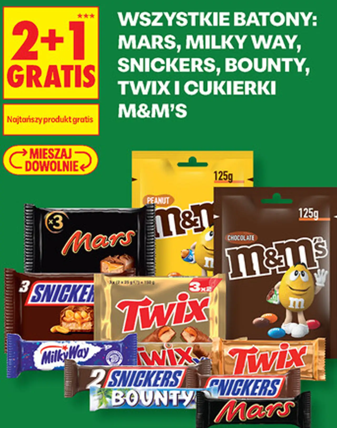 Wszystkie batony: Mars, Milky Way, Snickers, Bounty, Twix i cukierki M&M's