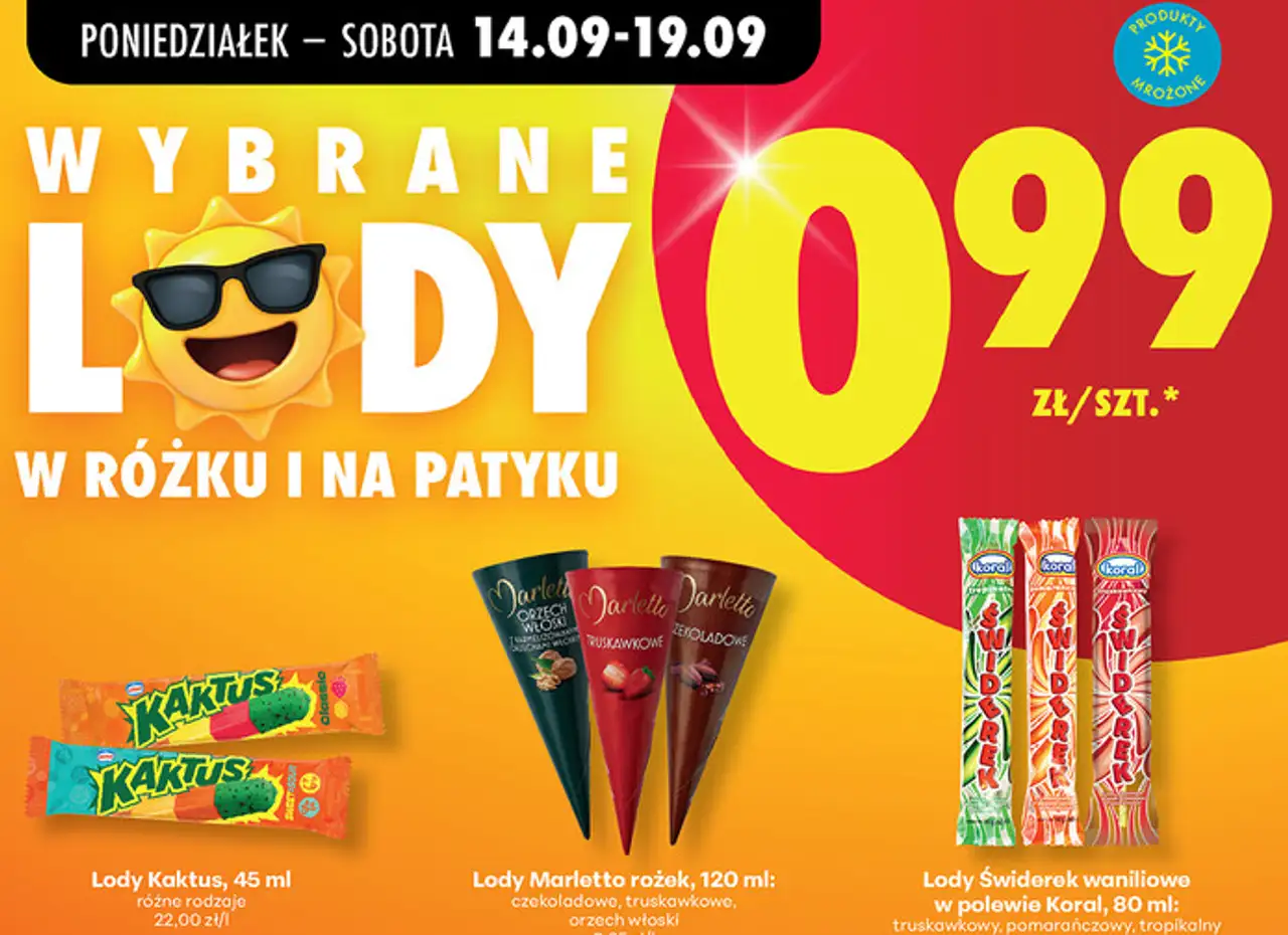 Wybrane lody w rożku i na patyku: Lody Kaktus, Lody Marletto, Lody Świderek