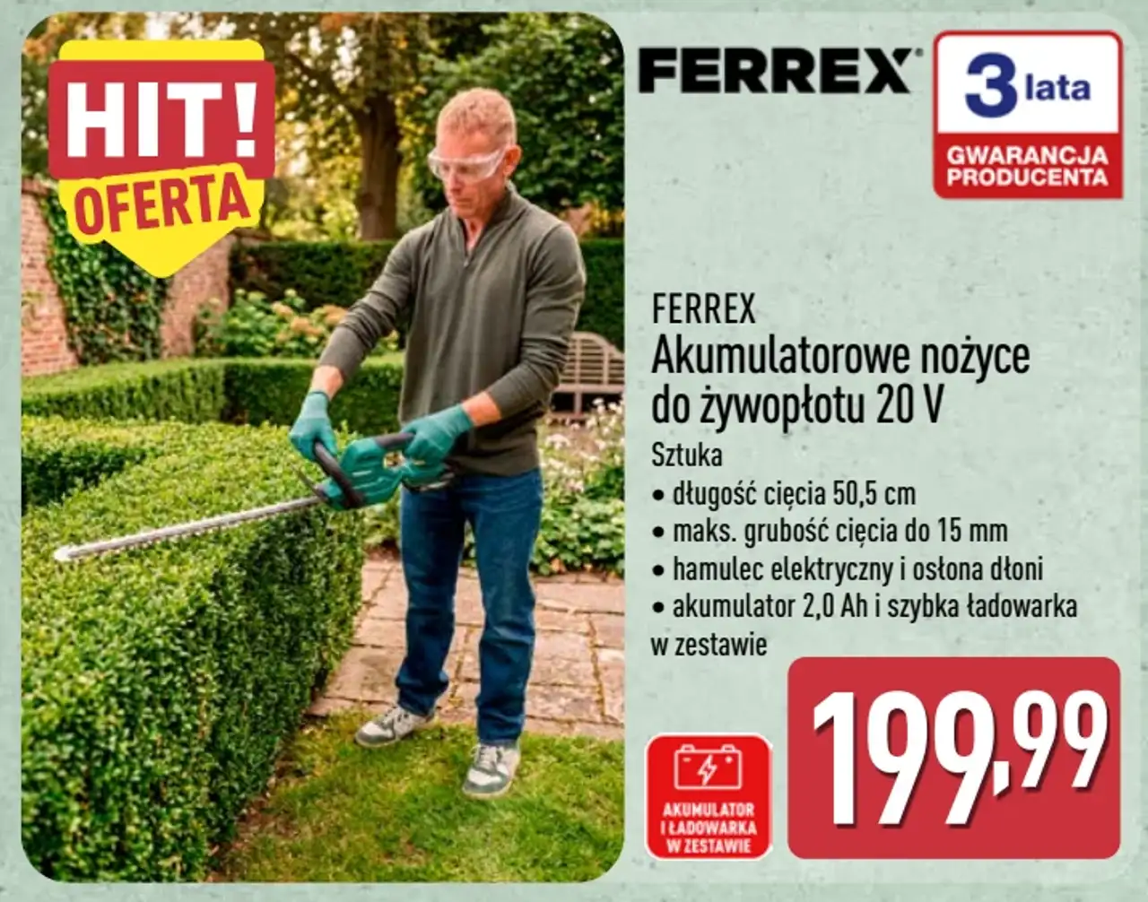 FERREX Akumulatorowe nożyce do żywopłotu 20 V