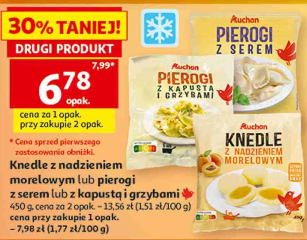 Knedle z nadzieniem morelowym lub pierogi z serem lub z kapustą i grzybami Auchan