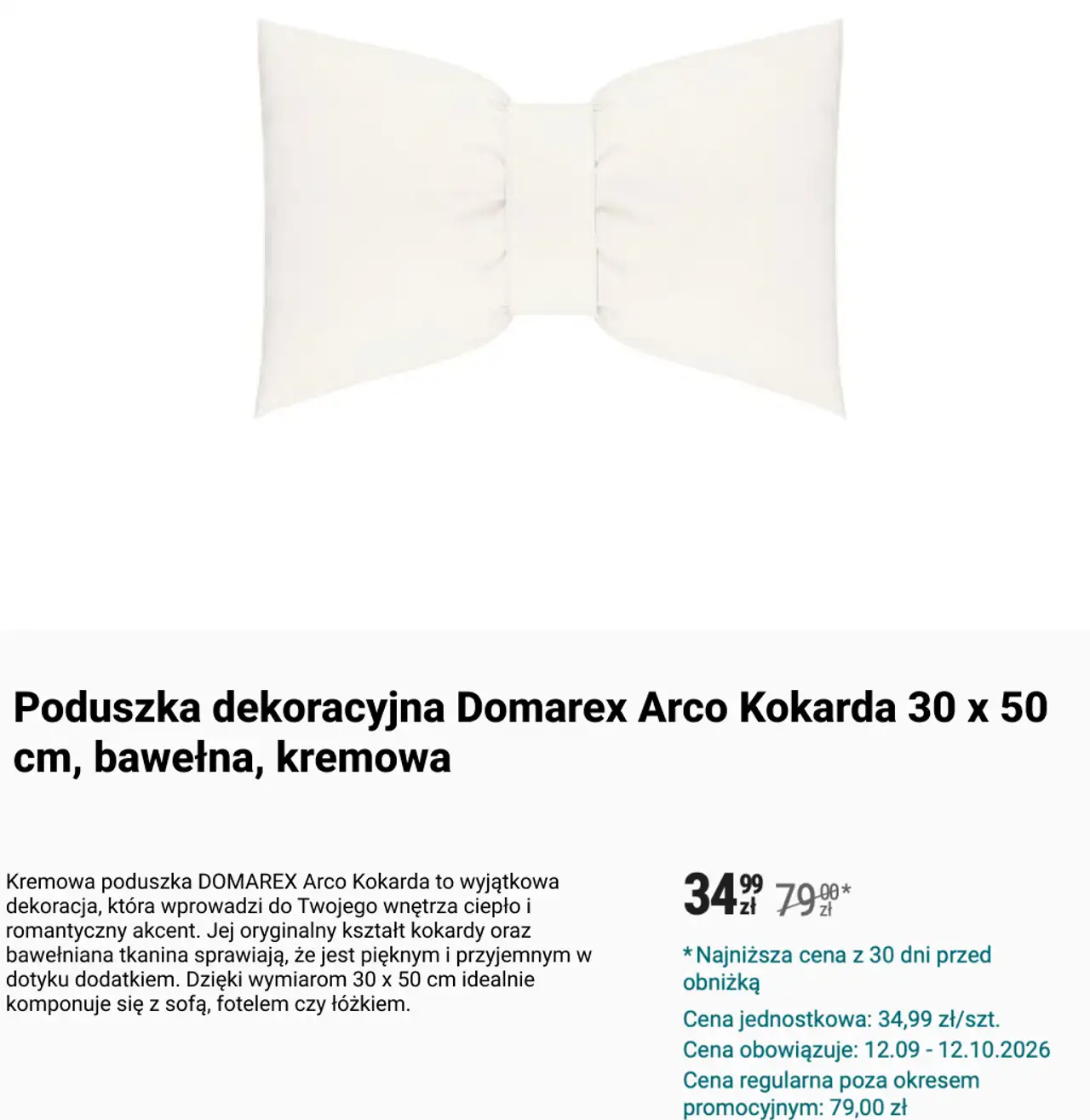Poduszka dekoracyjna Domarex Arco Kokarda 30 x 50 cm, bawełna, kremowa