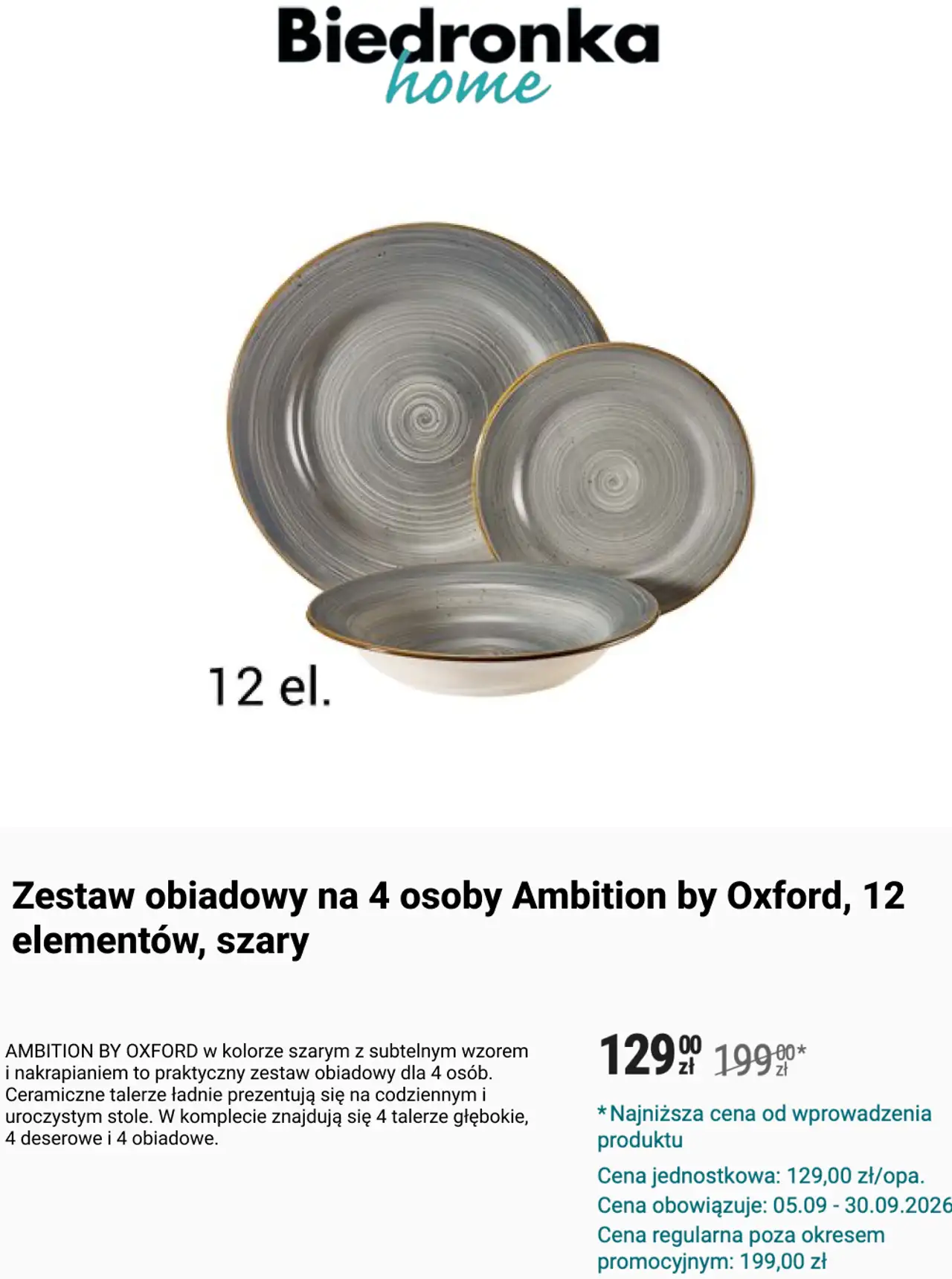 Zestaw obiadowy na 4 osoby Ambition by Oxford, 12 elementów, szary