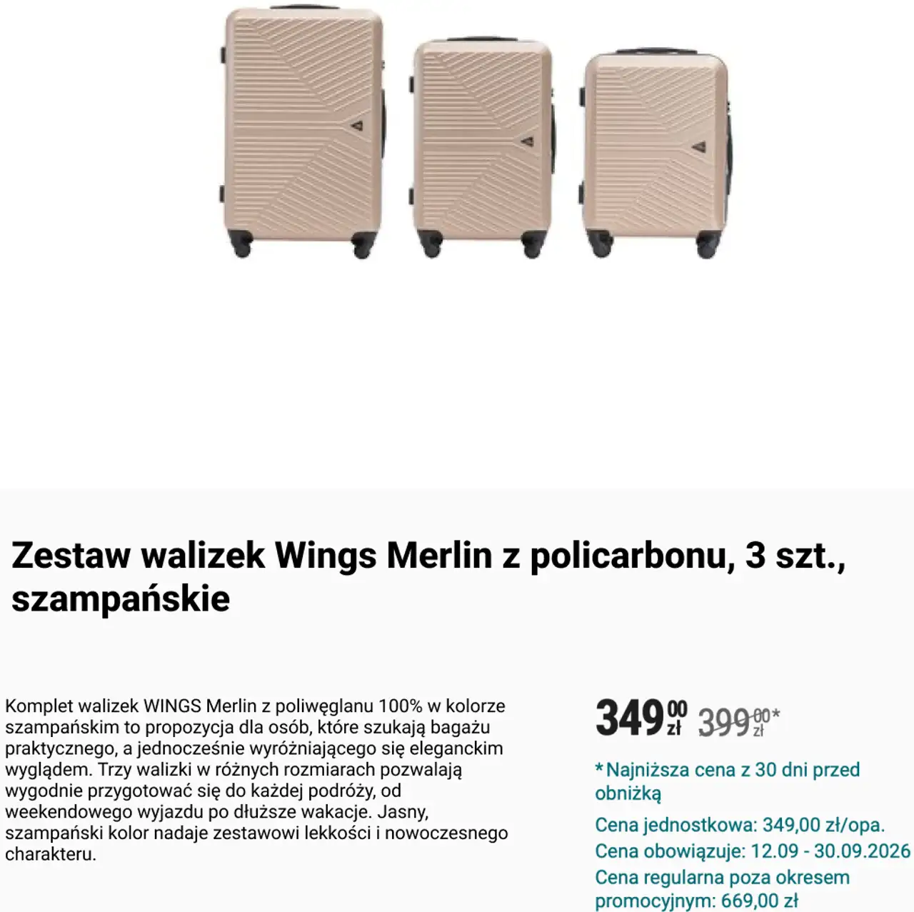 Zestaw walizek Wings Merlin z policarbonu, 3 szt., szampańskie